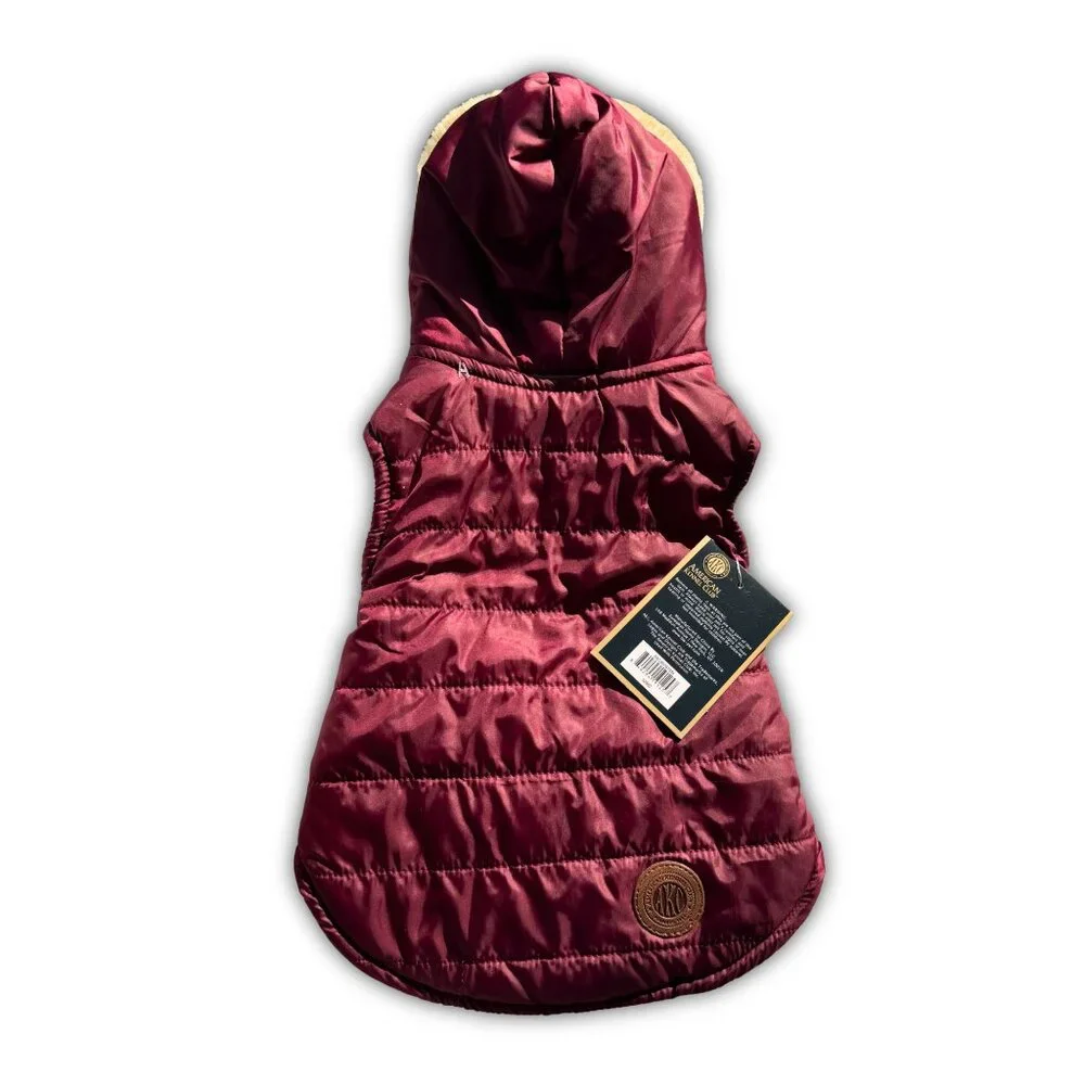 American Kennel Club Quilted Puff Burgundy Fleece Lined Dog Coat with Hood NEW